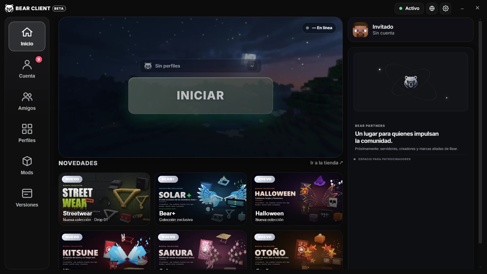Launcher de Bear Client con la tienda de cosméticos abierta